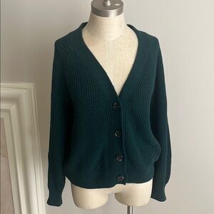 Deep Teal Cardigan Sweater with V-Neck and Long Sleeves